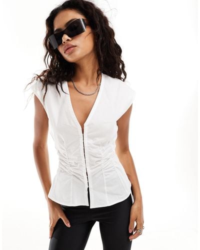 Weekday Sleeveless Blouse Top With V Neck And Hook And Bar Corset Waist Detail - White
