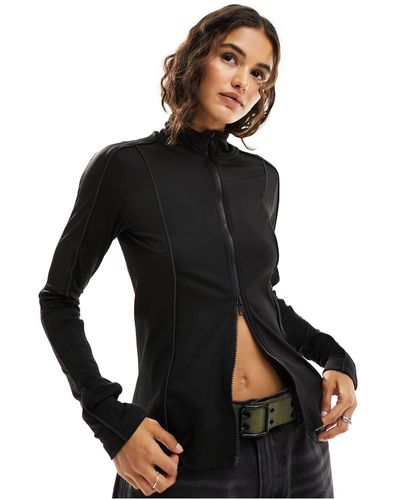 Weekday Lionella Long Sleeve Zip Up Top With Piping Detail - Black