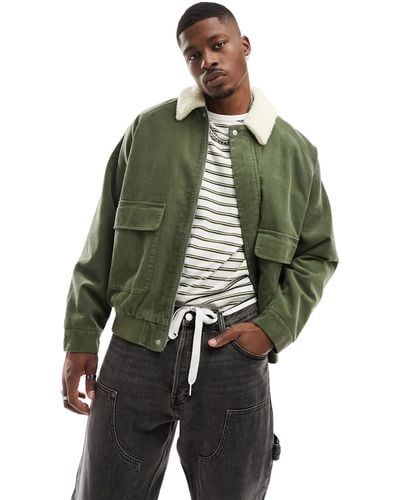 ASOS Oversized Cord Bomber Jacket With Contrast Borg Collar - Green