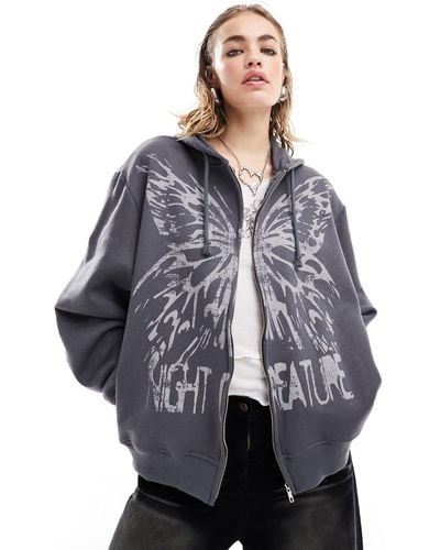 Minga London Oversized Zip Up Hoodie With Butterfly Grunge Graphic - Grey