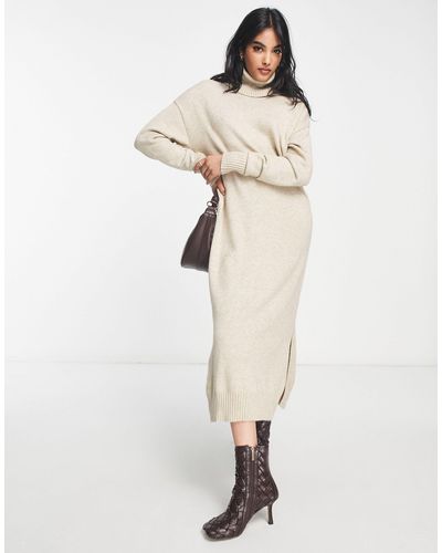 Vila Knitted Roll Neck Maxi Dress With Side Split - Natural