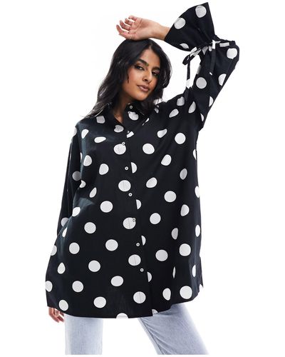 Y.A.S Oversized Polka Dot Shirt With Cuff Ties - Black