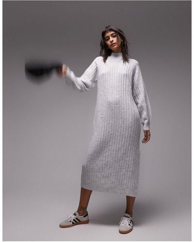 TOPSHOP Knitted High Neck Wide Rib Midi Dress - Grey