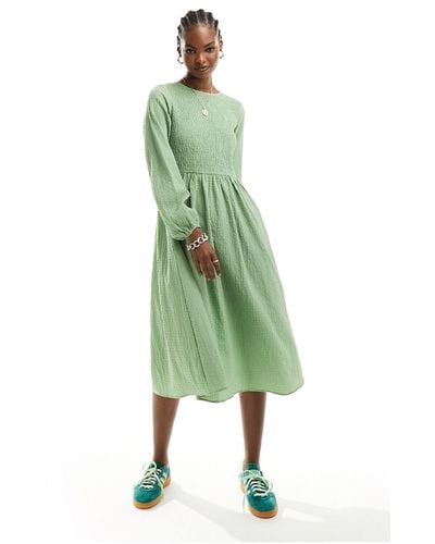 Daisy Street Long Sleeve Midi Smock Dress - Green