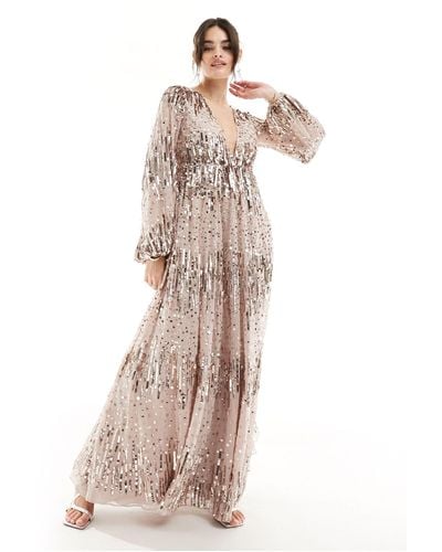ASOS Us Exclusive Embellished Scatter Sequin Plunge Maxi Dress With Balloon Sleeve - Natural