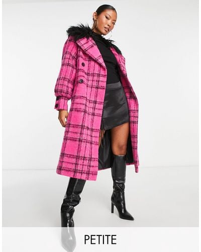 Miss Selfridge Petite Check Mongolian Faux Fur Collar Long Coat - Pink