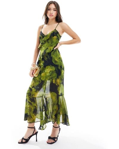 Miss Selfridge Vestido largo verde con estampado floral y volantes asimétricos