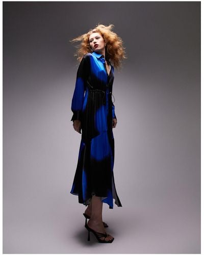 TOPSHOP Cobalt Eclipse Print Midi Shirt Dress - Blue