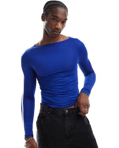 Collusion Slim Fit Slash Neck Top With Contrast Binding - Blue