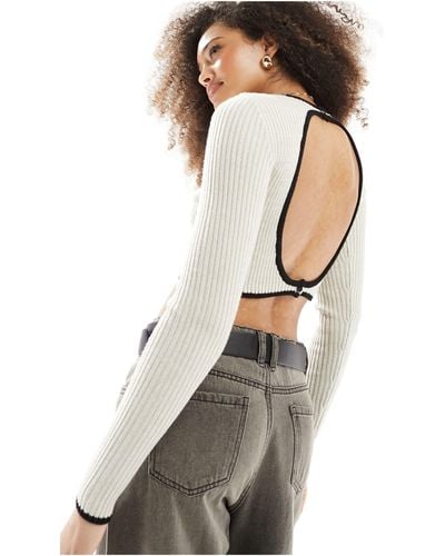 Bershka Contrast Trim Open Back Knitted Top - White