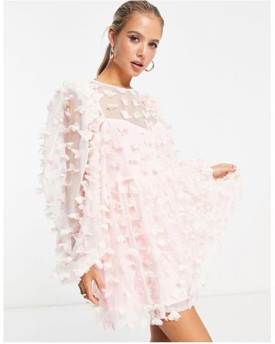 ASOS Gesmokte Mini-jurk Van Mesh Met 3d-bloemen - Roze