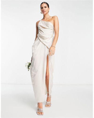 ASOS Satin One Shoulder Strappy Maxi Dress With Slit - White