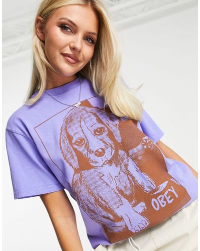Obey T-shirt Met Puppy Print - Paars