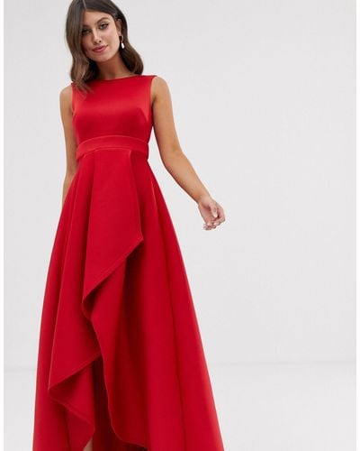 True Violet – Exklusives Maxi-Kleid aus Neopren mit nach hinten abfallendem Saum, Rückenausschnitt und Schleife - Rot