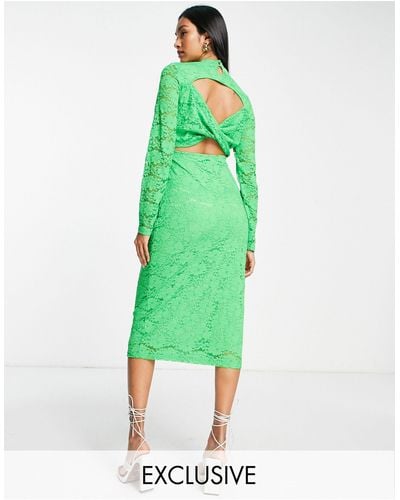 Vila Exclusive Lace Midi Dress With Cut Out Twist Back - Green