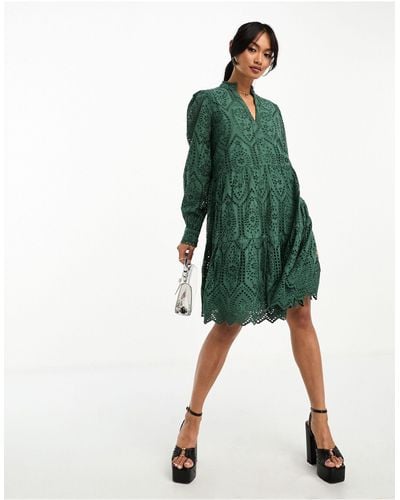 Y.A.S Broderie Mini Smock Dress - Green