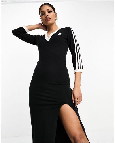 adidas Originals Maxi-jurk Met V-hals En 3-stripes - Zwart