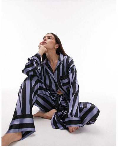 TOPSHOP Satin Humbug Stripe Print Shirt And Pants Pajama Set - Blue