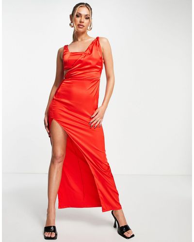 Femme Luxe Asymmetric Strap Satin Midi Dress With Thigh Spilt - Red