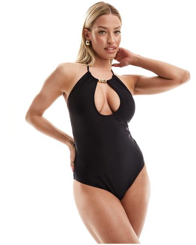 Ivory Rose Fuller Bust Dual Sized Open Front Halter Neck Swimsuit - Black