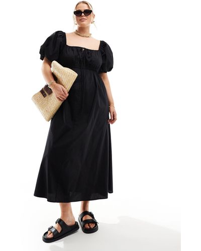 ASOS Asos Design Curve Puffed Sleeve Smock Midi Dress - Black