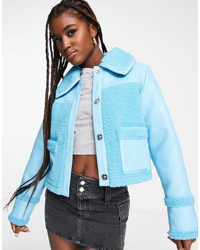 Miss Selfridge Faux Leather Crop Jacket With Borg Detail - Blue