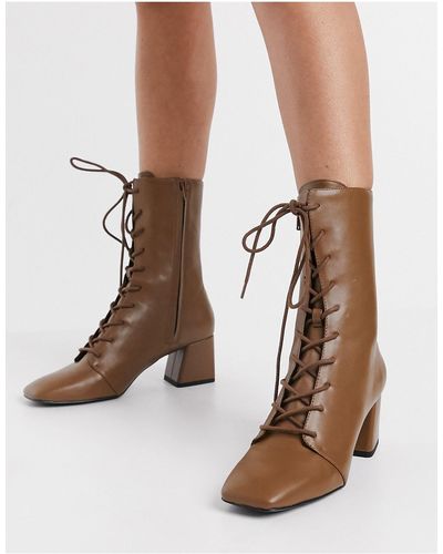 Monki Thelma Vegan Leather Lace Up Heeled Boot - Brown