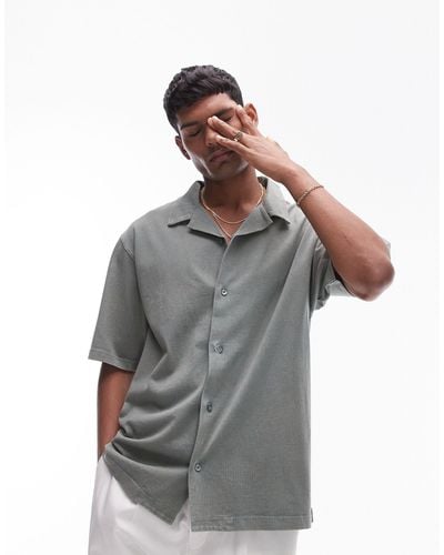 TOPMAN Oversized Fit Button Up Jersey Polo - Grey