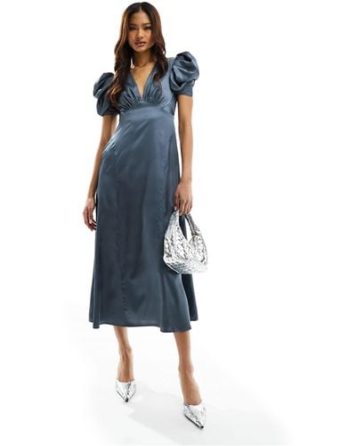 ASOS Satin V Neck Midi Tea Dress With Puff Sleeves - Blue