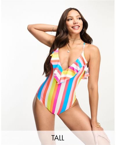 Figleaves Tall Plunge Swimsuit With Frill Detail - Pink