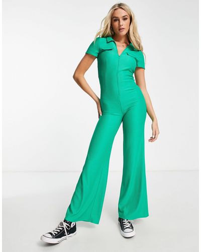 ASOS Geribbelde Jaren 70 Jumpsuit Met Kraagje En Rits Voor - Groen