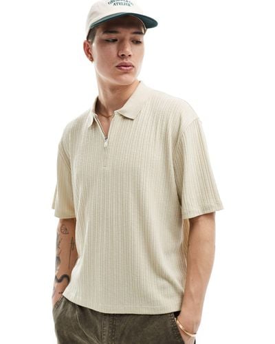 ASOS Relaxed Fit Rib Polo With Zip Up Collar - Natural
