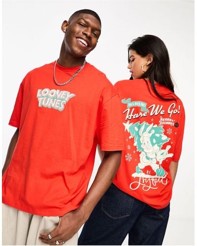 ASOS Unisex Oversized T-shirt With Bugs Bunny Christmas Print - Red