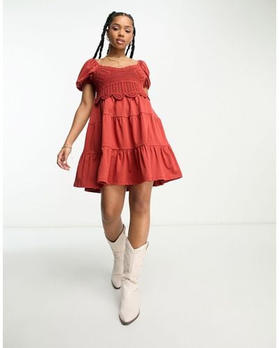 ASOS Cap Sleeve Mini Dress With Crochet Bodice And Tiered Skirt