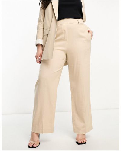 Yours Wide Leg Linen Look Trousers - Natural