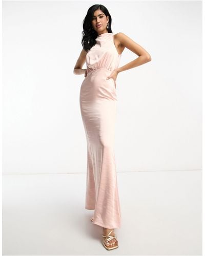 Pretty Lavish Bridesmaid Farrah High Neck Drape Satin Maxi Dress - Natural