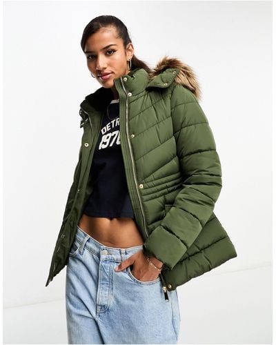 New Look Puffer Jacket With Faux Fur Hood - Green