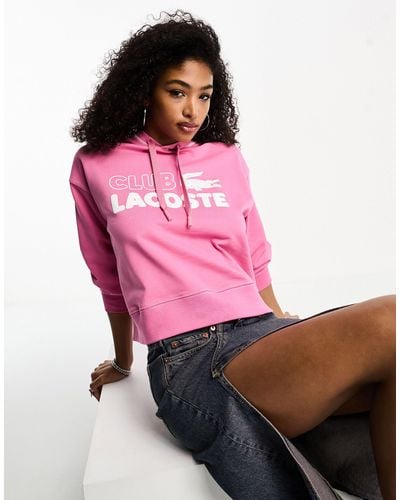 Lacoste Cropped Oversized Fit Logo Hoodie - Pink