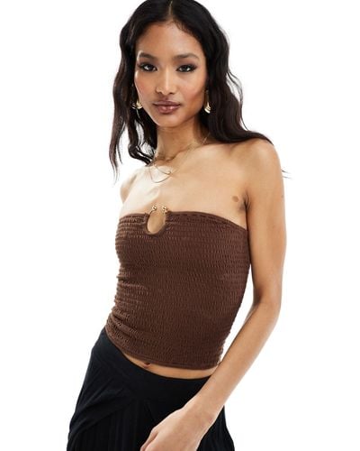 ASOS Shirred Bandeau Top With Ring Detail - Brown