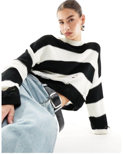 Reclaimed (vintage) Striped Crop Jumper With Distressing - White