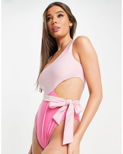 Brave Soul One Shoulder Cut Out Swimsuit With Removable Belt - Pink