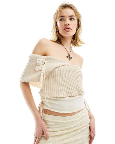 Collusion Knitted Plated Bardot Top With Corsage - Natural