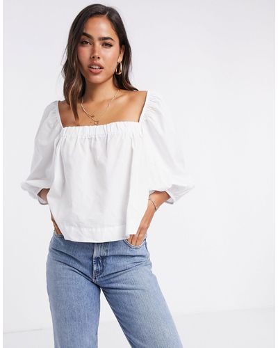 Mango Poplin Square Neck Blouse With Puff Sleeves - White