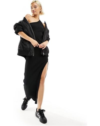 Dr. Denim Celia Slim Fit Midi Ribbed One Shoulder Dress With Side Split - Black