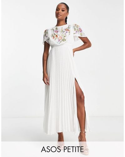 ASOS Asos Design Petite Pleated Textured Cowl Front Embroidered Midi Dress With Belt - White