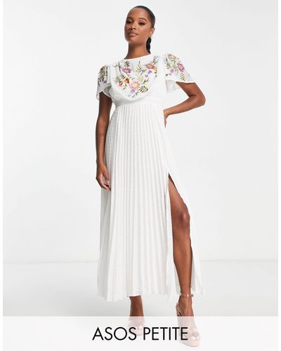 ASOS Asos Design Petite - Geplooide Midi-jurk Van Dobbystof Met Gedrapeerde Voorkant, Borduursels En Riem - Wit