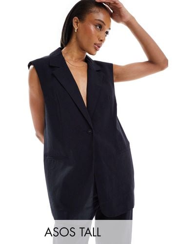 ASOS Tall Sleeveless Tailored Blazer With Linen - Blue