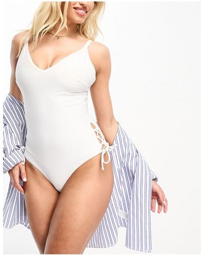 ASOS Fuller Bust Plunge Swimsuit With Lace Up Side Detail - White