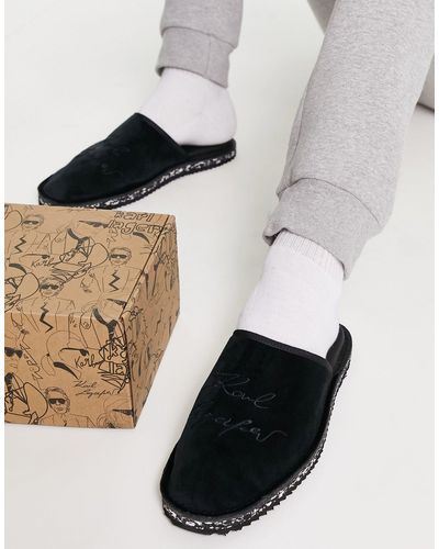 Karl Lagerfeld Velvet Slipper Mules With Embroidered Logo - Black