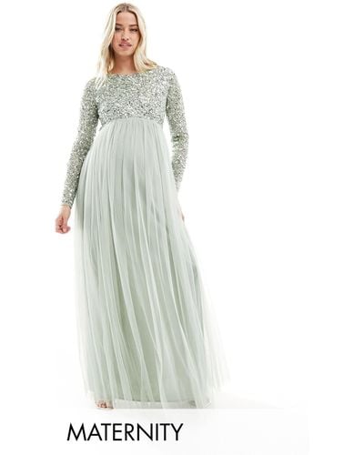 Maya Maternity Bridesmaid Long Sleeve Maxi Dress With Delicate Sequin - Green